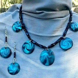 Hand Crafted Teal & Black Polymer Clay Necklace & Earring Set